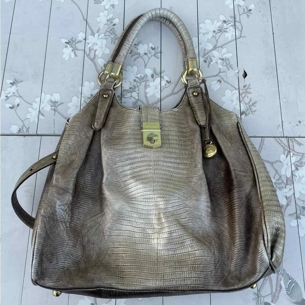 Brahmin Metallic Bronze Lizard-Embossed Tote with Gold Hardware - Picture 1 of 11